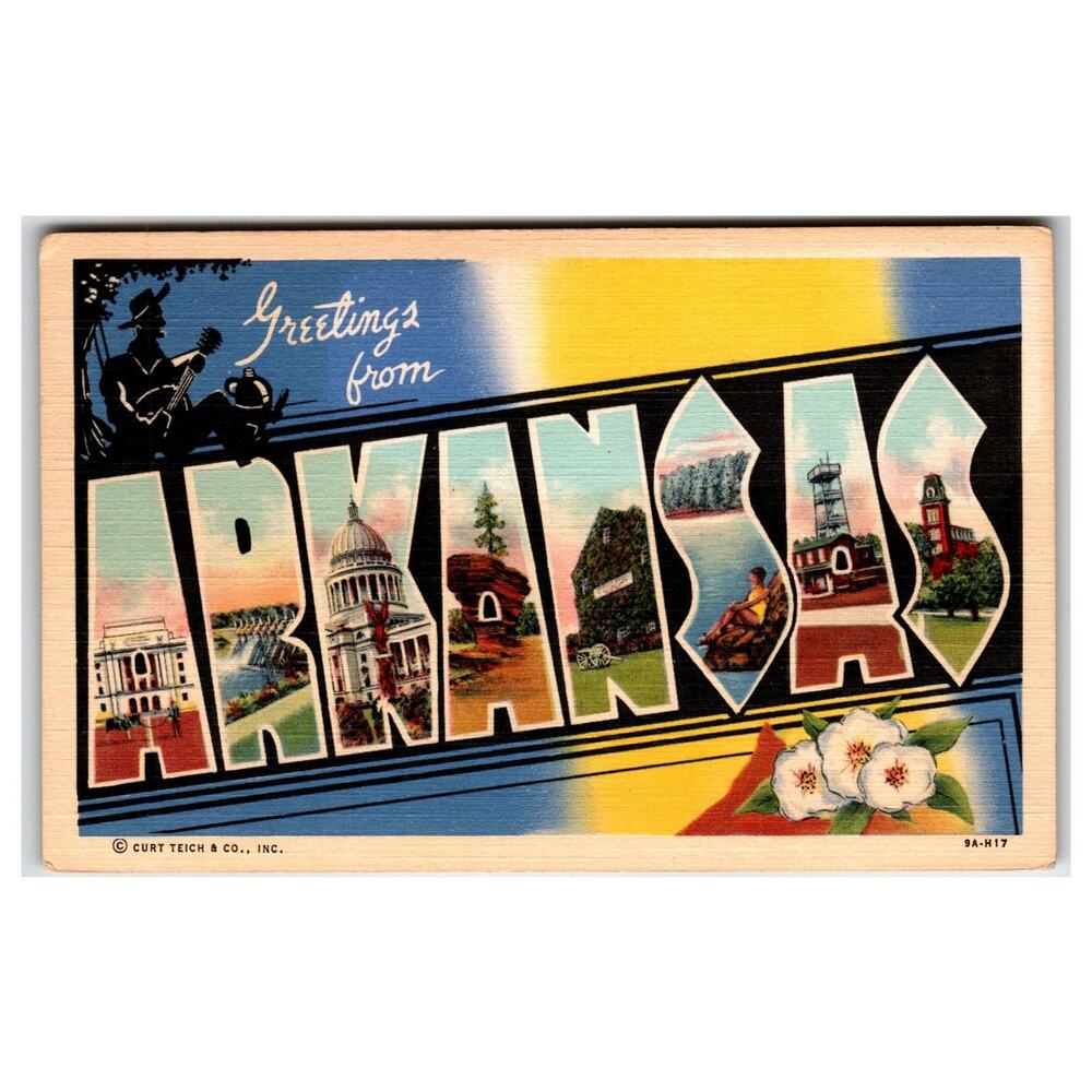 Greetings From Arkansas Large Letter Linen Postcard Curt Teich 1939